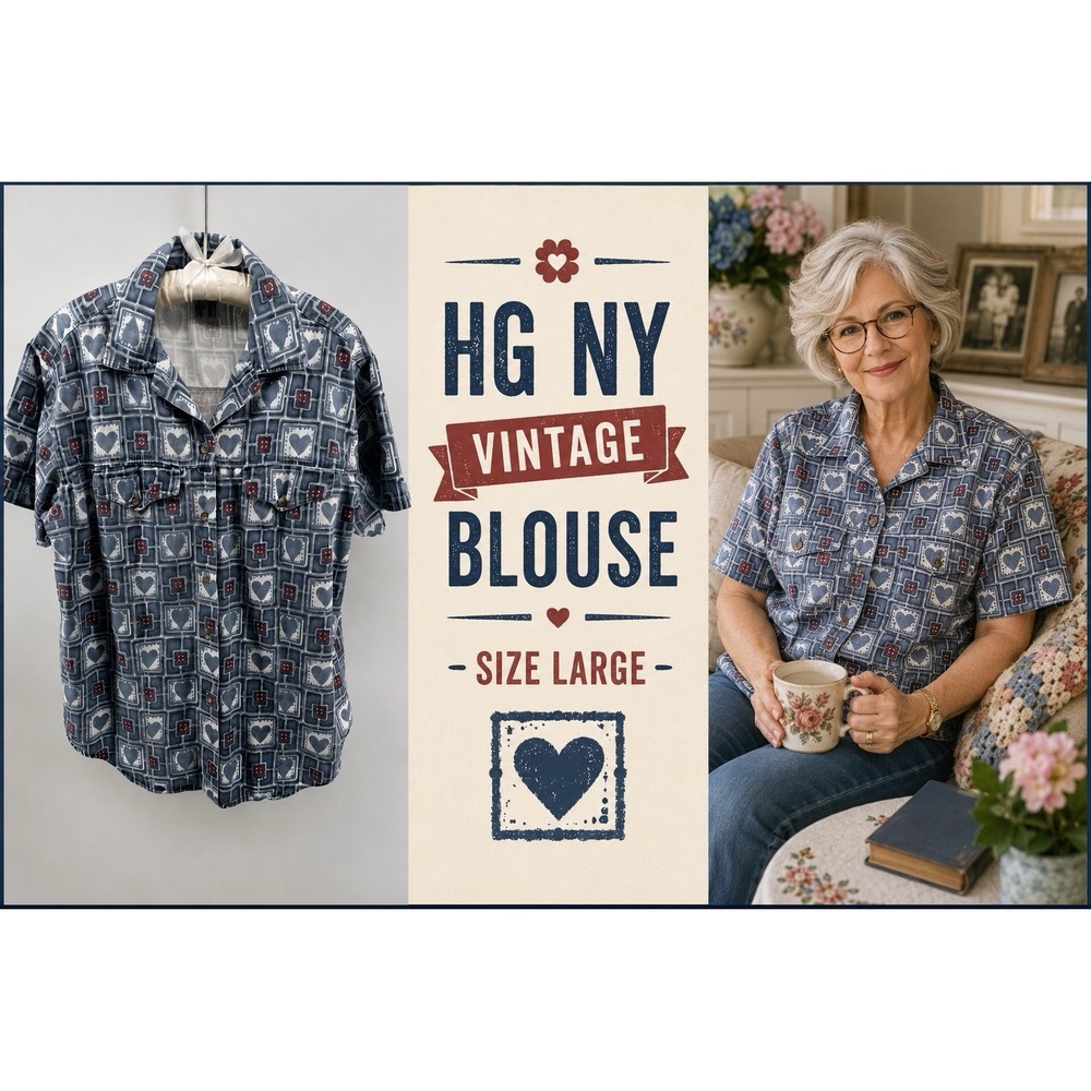 HG NY Womens Lg Vintage 90's Heart Print Button Front Shirt Blue Red Cotton